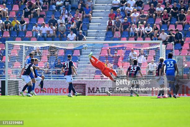 Lukasz Skorupski of Bologna FC jump for the ball during the Serie A TIM match between Bologna FC and Empoli FC at Stadio Renato Dall'Ara on October...