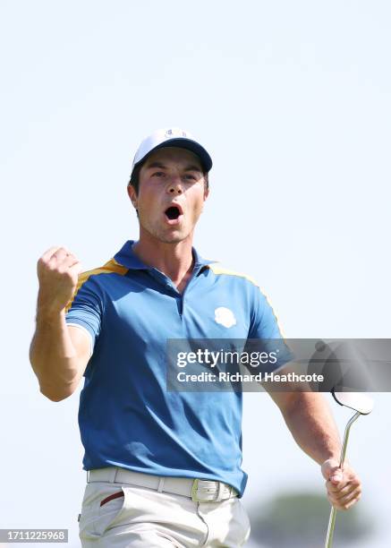 Viktor Hovland of Team Europe celebrates winning the hole on the fourth green during the Sunday singles matches of the 2023 Ryder Cup at Marco Simone...