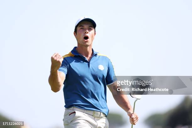 Viktor Hovland of Team Europe celebrates winning the hole on the fourth green during the Sunday singles matches of the 2023 Ryder Cup at Marco Simone...