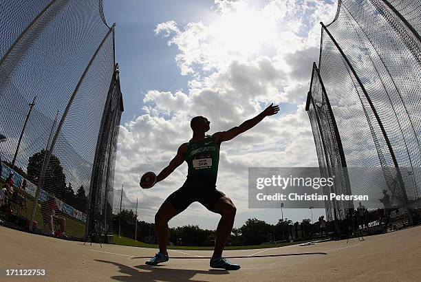 Ashton Eaton competes in the Men's Discus portion of the Decathlon on day three of the 2013 USA Outdoor Track & Field Championships at Drake Stadium...