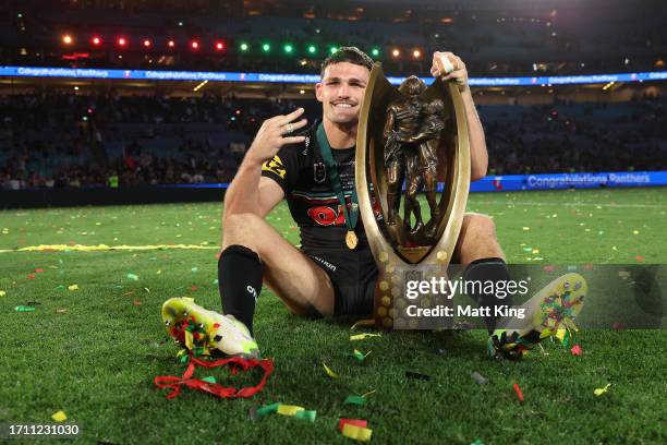 Nathan Cleary of the Panthers poses with the Provan-Summons Trophy after winning the 2023 NRL Grand Final match between Penrith Panthers and Brisbane...