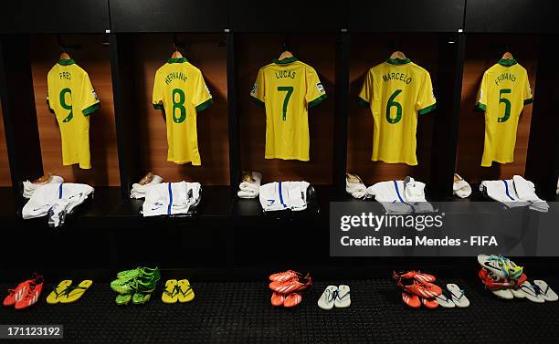 View of kit in the Brazil dressing room prior to the FIFA Confederations Cup Brazil 2013 Group A match between Italy and Brazil at Estadio Octavio...