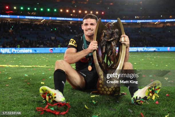 Nathan Cleary of the Panthers poses with the Provan-Summons Trophy after winning the 2023 NRL Grand Final match between Penrith Panthers and Brisbane...