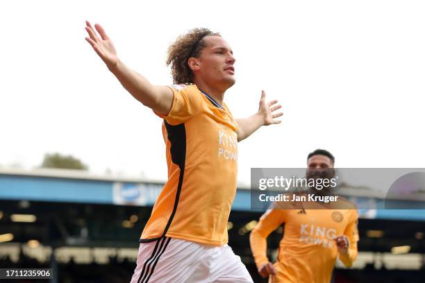 Wout Faes of Leicester City celebrates after scoring the team's first goal during the Sky Bet Championship match between Blackburn Rovers and...