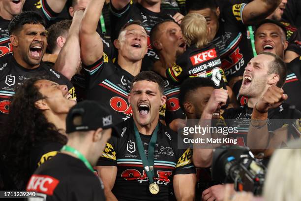 Nathan Cleary of the Panthers sings the team song with team mates after winning the 2023 NRL Grand Final match between Penrith Panthers and Brisbane...