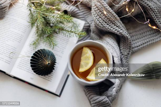 view from above of table with lemon tea, gray sweater, open book and fir tree branches. cozy flat lay of female blogger. scandinavian style, hygge concept. - cold sore stock-fotos und bilder