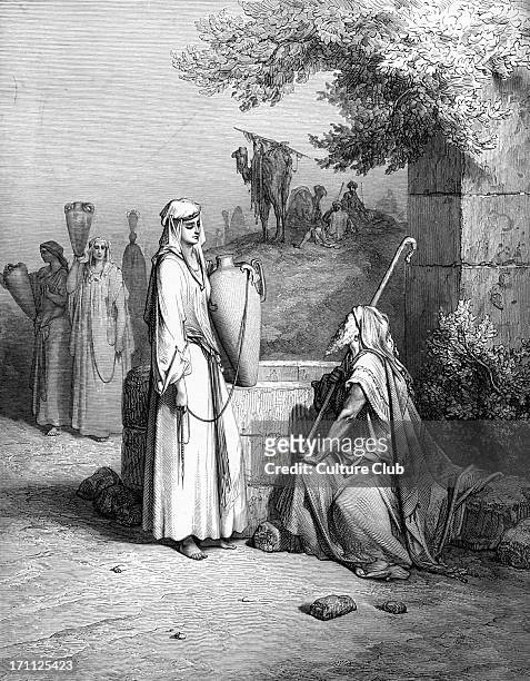 Rebekah meets Abraham 's servant Eliezer at the well outside the city of Nahor. She returns with him to Canaan and marries Isaac, Abraham 's son....