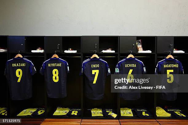 The match shirts of Japan hang in the dressing room prior to the FIFA Confederations Cup Brazil 2013 Group A match between Japan and Mexico at...