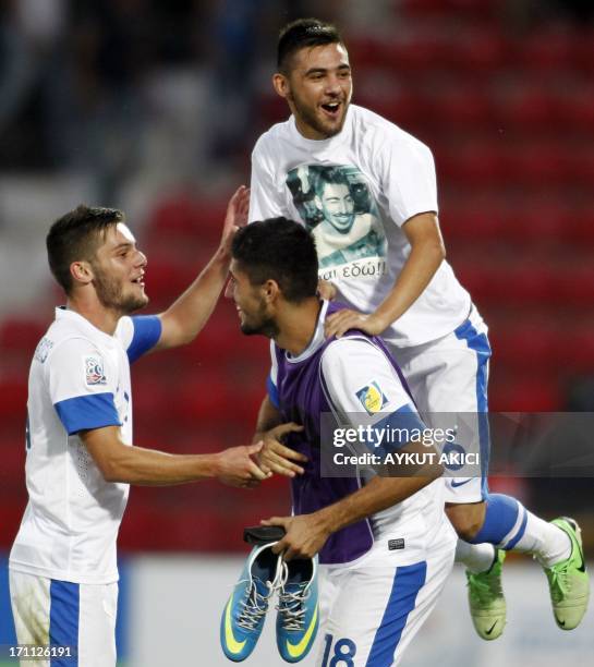 Greek players celebrate after the group stage football match between Mexico and Greece at the FIFA Under 20 World Cup at the Kamil Ocak stadium in...