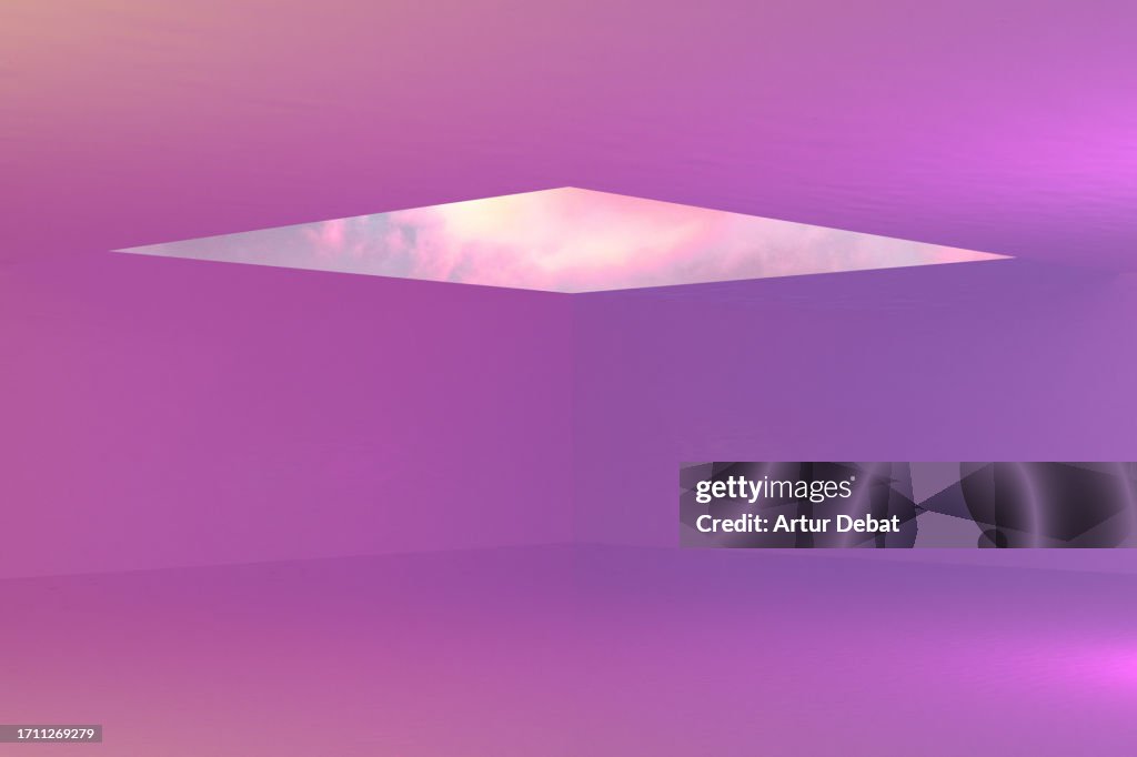 Digital render space with open skylight and purple sunset sky.