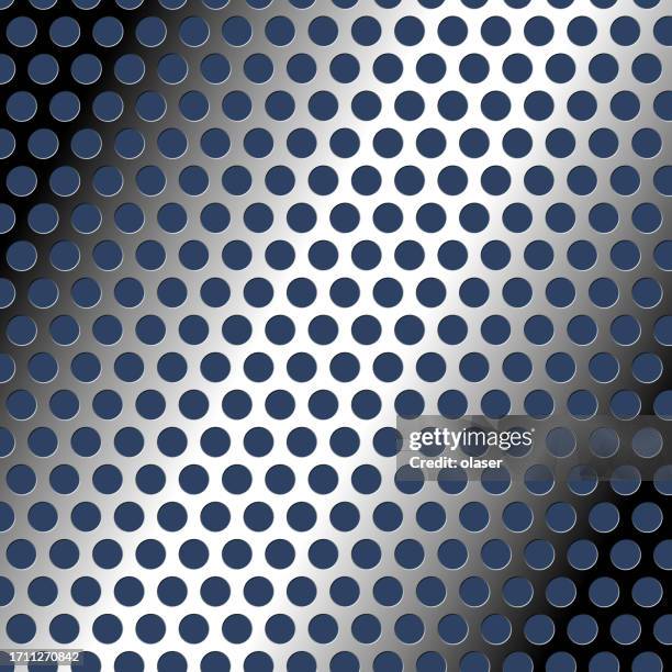 reflective metal surface featuring circular apertures with a vibrant blue background. - chrome texture stock illustrations