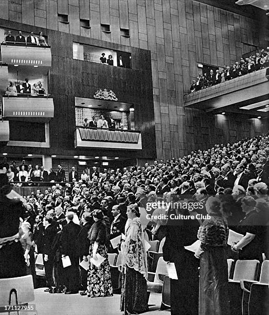 Opening of the Royal Festival Hall, London. Photograph from The Illustrated London News, May 12, 1951. Festival of Britain special issue. King George...