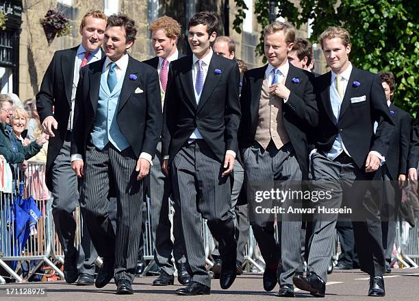 Groom Thomas van Straubenzee arrives with Prince Harry and Prince William, Duke of Cambridge for his wedding to Melissa Percy at Alnwich Castle on...