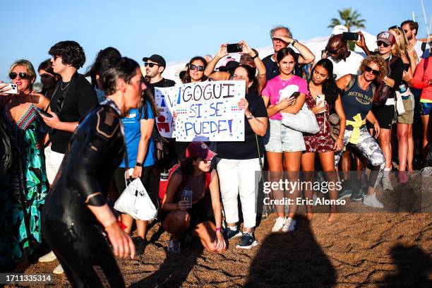 Athletes leaves the swim leg during IRONMAN 70.3 Barcelona on October 01, 2023 in Calella, Spain.
