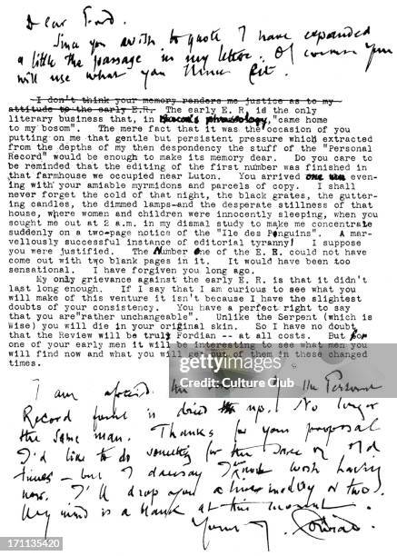 Joseph Conrad - Handwritten and typed letter from Joseph Conrad to Ford Madox Ford. Polish-born English novelist. 3 December 1857  3 August 1924