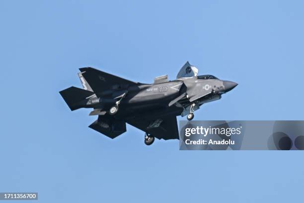 An F-35 plane files near Alcatraz Island and Golden Gate Bridge during Fleet Week Air Show in San Francisco, California on October 06, 2023.