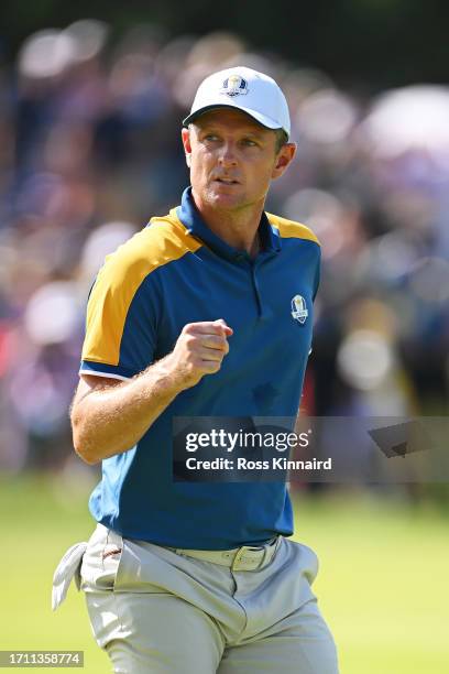 Justin Rose of Team Europe celebrates on the ninth green during the Sunday singles matches of the 2023 Ryder Cup at Marco Simone Golf Club on October...