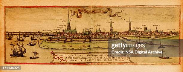 medieval maps and illustrations i view of hamburg 575 - germany stock illustrations