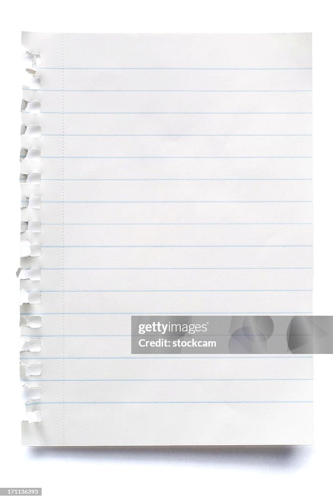 White isolated sheet of blank lined paper