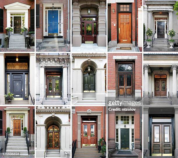 fifteen photos of front doors on a grid  - boston beacon hill stock pictures, royalty-free photos & images