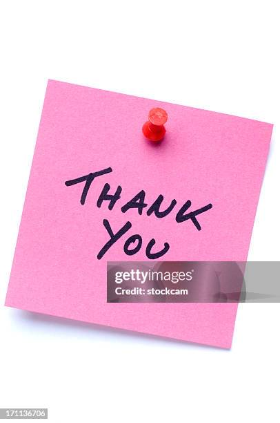 pink thank you postit note isolated on white - sticky note push pin stock pictures, royalty-free photos & images