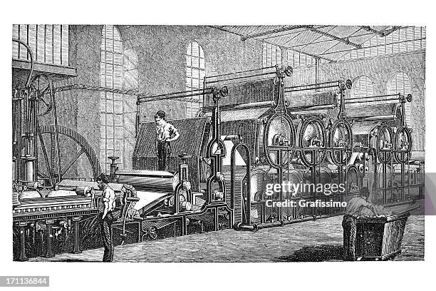 engraving of factory producing paper 1850 - industrial revolution stock illustrations