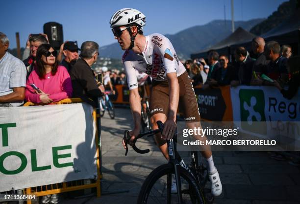 Citroen Team's Australian rider Ben O'Connor cycles prior to the start of the 117th edition of the Giro di Lombardia , a 238km cycling race from Como...