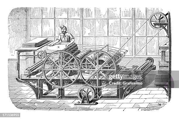 ilustraciones, imágenes clip art, dibujos animados e iconos de stock de grabado de hombre trabajando en una máquina de impresión - estilo siglo xviii