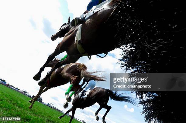 vista de ángulo bajo de carreras de caballos-steeplechase - jockey fotografías e imágenes de stock