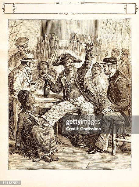 engraving pirate drinking wine 1881 - racist stock illustrations