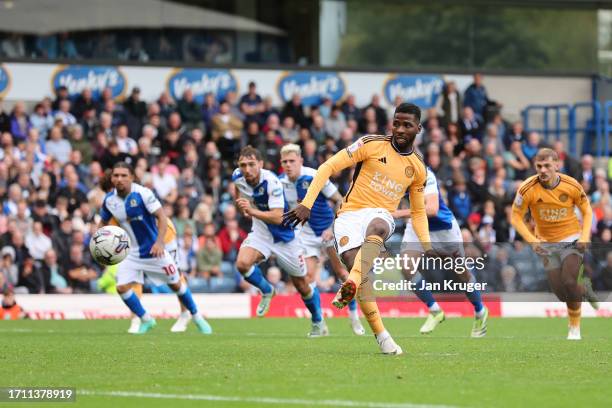 Kelechi Iheanacho of Leicester City scores the team's third goal from the penalty spot during the Sky Bet Championship match between Blackburn Rovers...