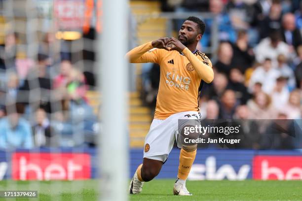 Kelechi Iheanacho of Leicester City celebrates after scoring the team's third goal from the penalty spot during the Sky Bet Championship match...