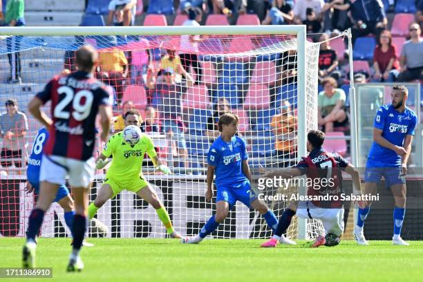 Riccardo Orsolini of Bologna FC scores his team third goal during the Serie A TIM match between Bologna FC and Empoli FC at Stadio Renato Dall'Ara on...