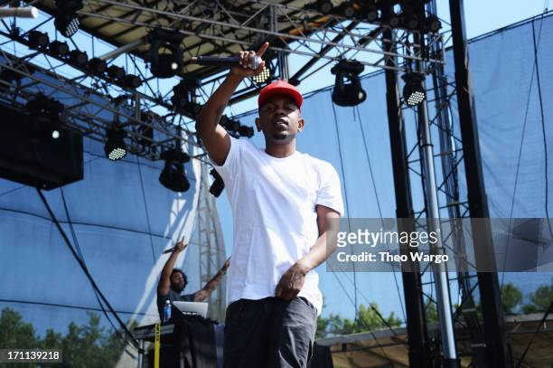 Kendrick Lamar performs onstage at the Firefly Music Festival at The Woodlands of Dover International Speedway on June 22, 2013 in Dover, Delaware.