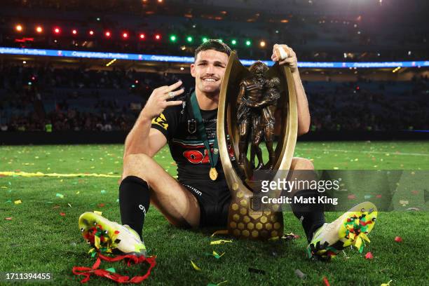 Nathan Cleary of the Panthers poses with the Provan-Summons Trophy after winning the 2023 NRL Grand Final match between Penrith Panthers and Brisbane...