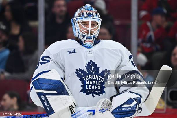 Goaltender Ilya Samsonov of the Toronto Maple Leafs skates during the second period of a pre-season game against the Montreal Canadiens at the Bell...