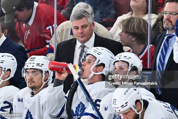 Head coach of the Toronto Maple Leafs Sheldon Keefe, handles bench duties during the second period of a pre-season game against the Montreal...