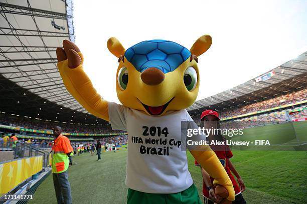 Fuleco poses for a picture during the FIFA Confederations Cup Brazil 2013 Group A match between Japan and Mexico at Estadio Mineirao on June 22, 2013...