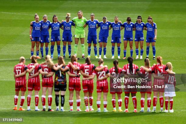 Leicester City and Bristol City players observe a minute of silence in tribute to Maddy Cusack, prior to the Barclays Women's Super League match...