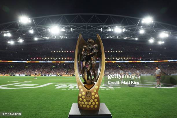 The Provan-Summons Trophy is on display during the 2023 NRL Grand Final match between Penrith Panthers and Brisbane Broncos at Accor Stadium on...