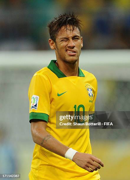 Neymar of Brazil winks as he is substituted during the FIFA Confederations Cup Brazil 2013 Group A match between Italy and Brazil at Estadio Octavio...