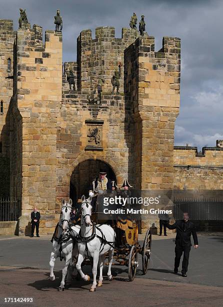 Melissa Percy leaves Alnwick Castle in a Royal carriage for her wedding to Thomas Van Straubenzee on June 22, 2013 in Alnwick, England.