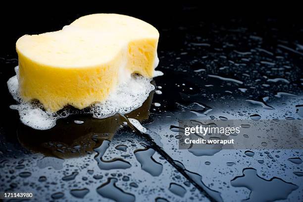 detail of a sponge over a black car during a car wash - bath sponge stock pictures, royalty-free photos & images