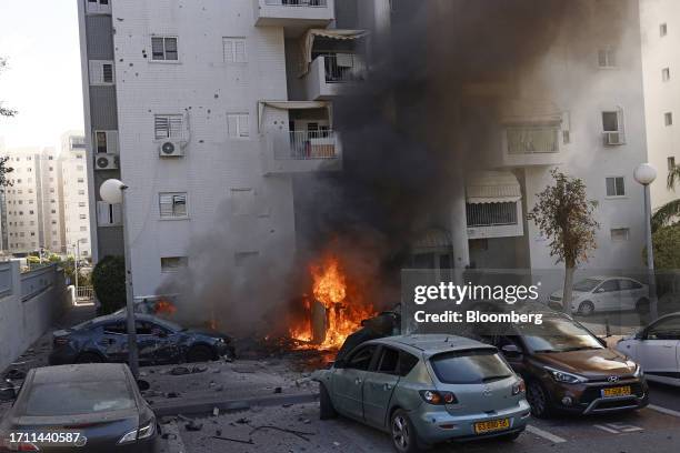 Fire following a rocket attack in Ashkelon, Israel, on Saturday, Oct. 7. 2023. Israel declared a rare state of alert for war on Saturday after...