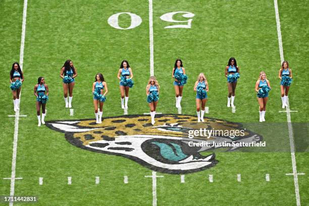 Jacksonville Jaguars cheerleaders are seen on the field prior to the NFL match between Atlanta Falcons and Jacksonville Jaguars at Wembley Stadium on...