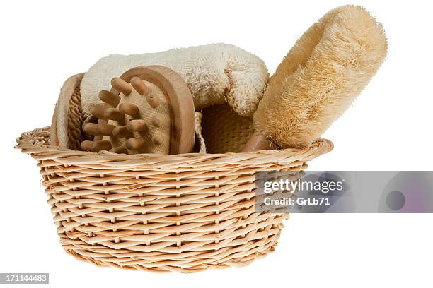 wicker  basket with massage bath brushes - bath isolated stock pictures, royalty-free photos & images