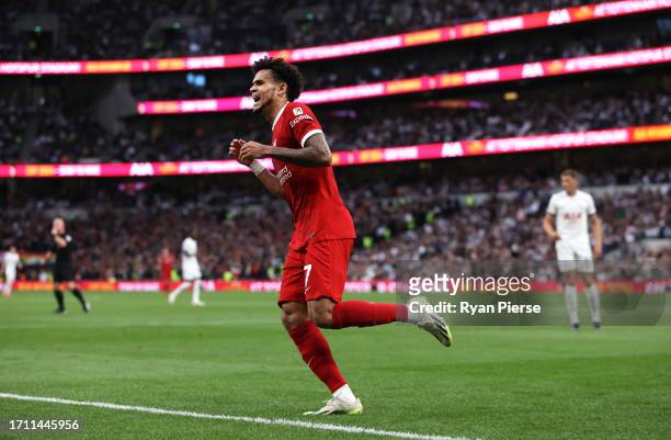 Luis Diaz of Liverpool reacts after a goal was rules offside during the Premier League match between Tottenham Hotspur and Liverpool FC at Tottenham...