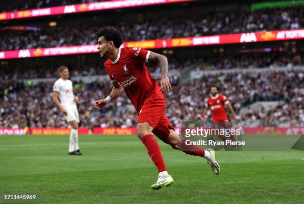 Luis Diaz of Liverpool reacts after a goal was rules offside during the Premier League match between Tottenham Hotspur and Liverpool FC at Tottenham...