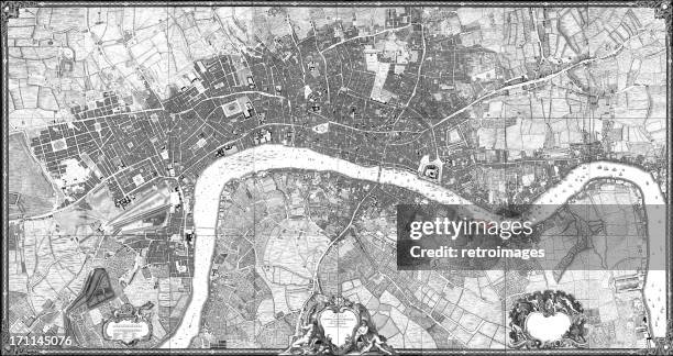 historic map of london (18th century) - by the thames stock illustrations