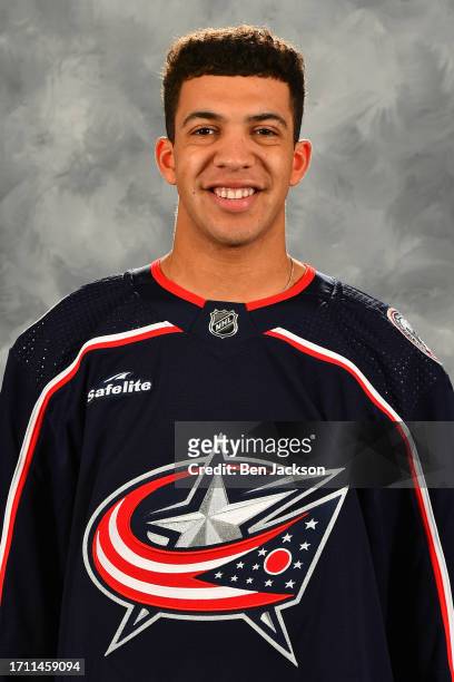 Jet Greaves of the Columbus Blue Jackets poses for his official headshot for the 2023-2024 season on September 20, 2023 at Nationwide Arena in...